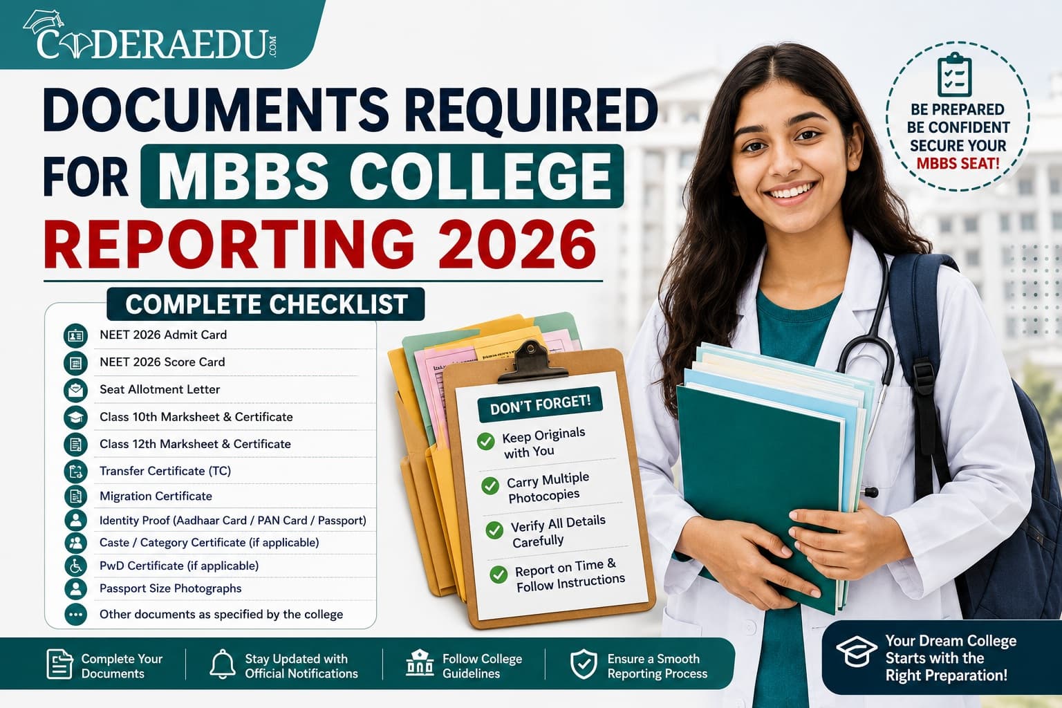 Documents checklist for MBBS college reporting 2026