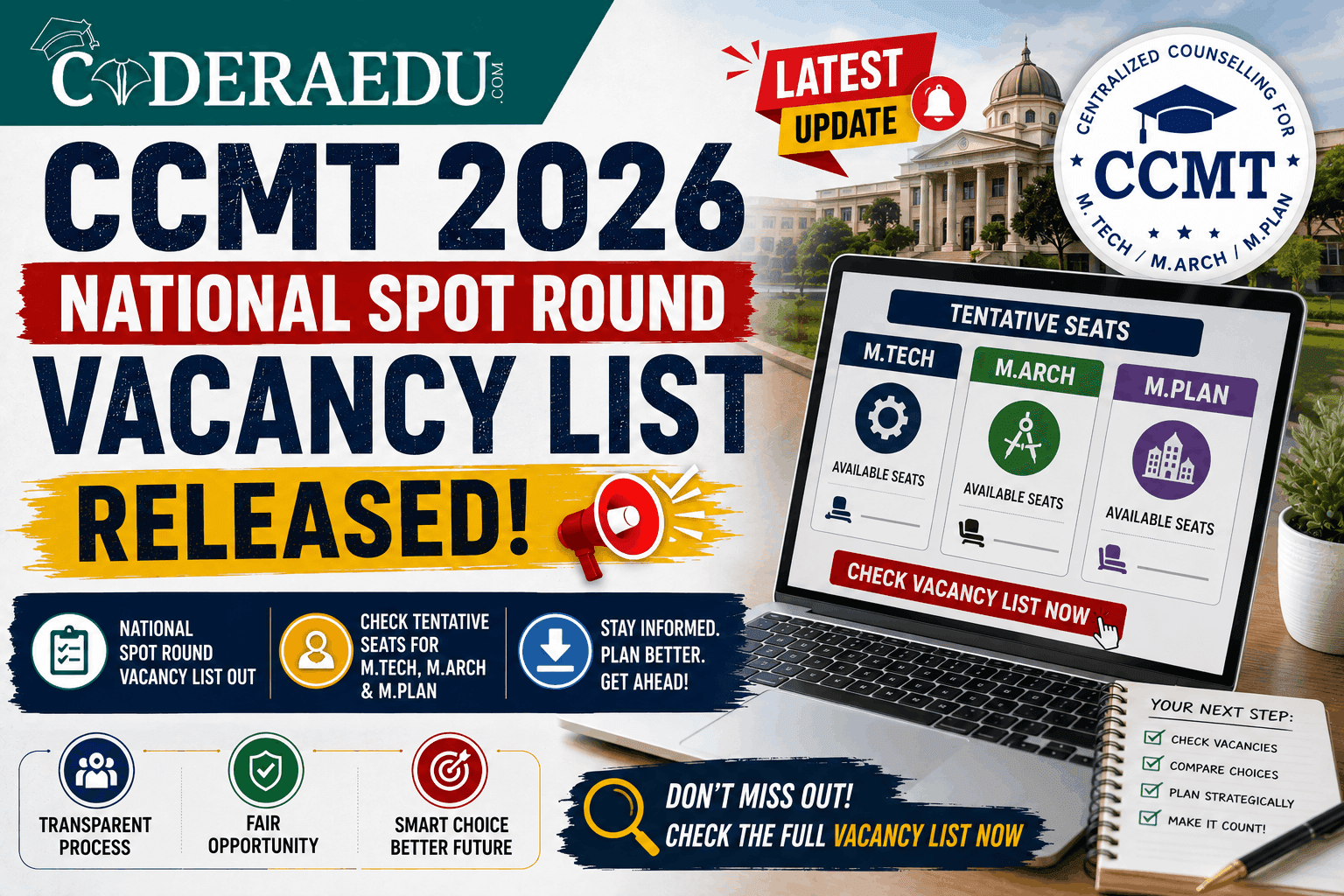 CCMT 2026 National Spot Round Vacancy List Released: Check Tentative Seats for M.Tech, M.Arch & M.Plan