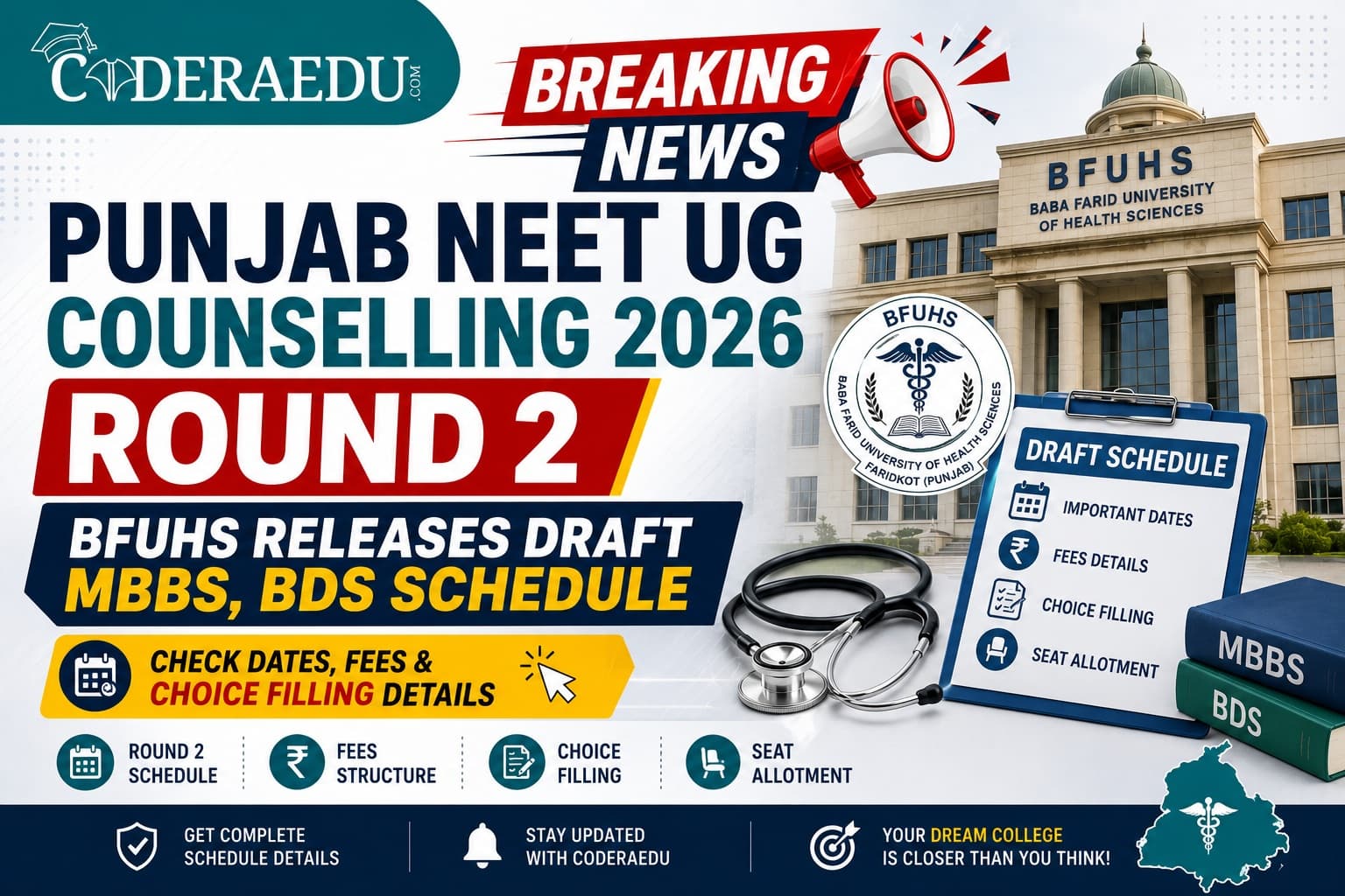 Punjab NEET UG Counselling 2026 Round 2: BFUHS Releases Draft MBBS, BDS Schedule; Check Dates, Fees & Choice Filling