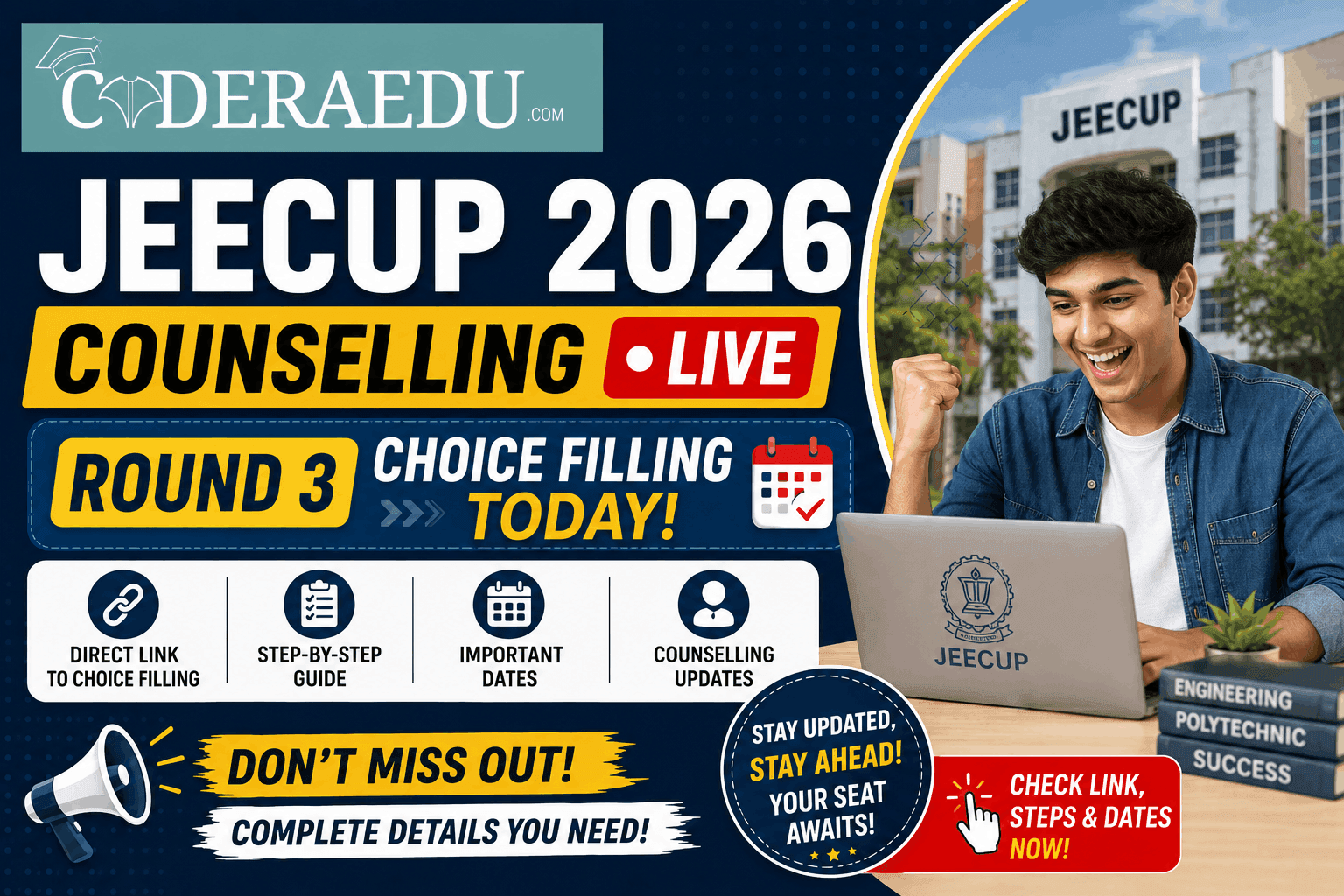 JEECUP 2026 Counselling LIVE: Round 3 Choice Filling Begins Today; Check Official Link, Steps, and Key Dates
