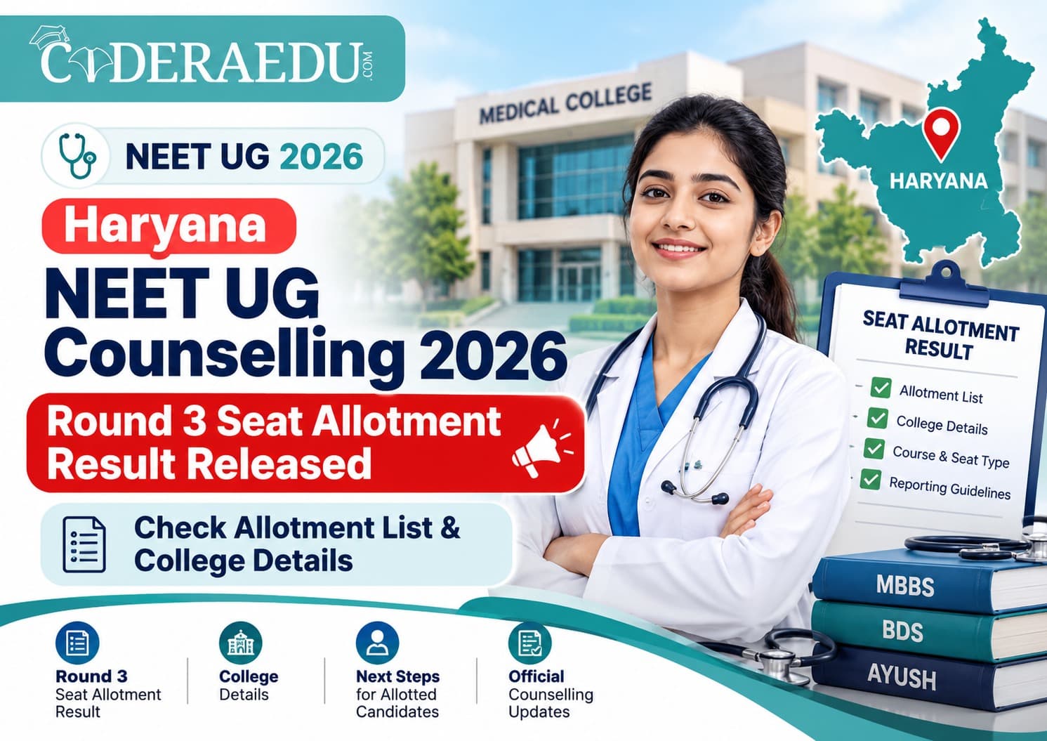 Haryana NEET UG Counselling 2026 Round 3 Seat Allotment Result Released; Check Allotment List & College Details