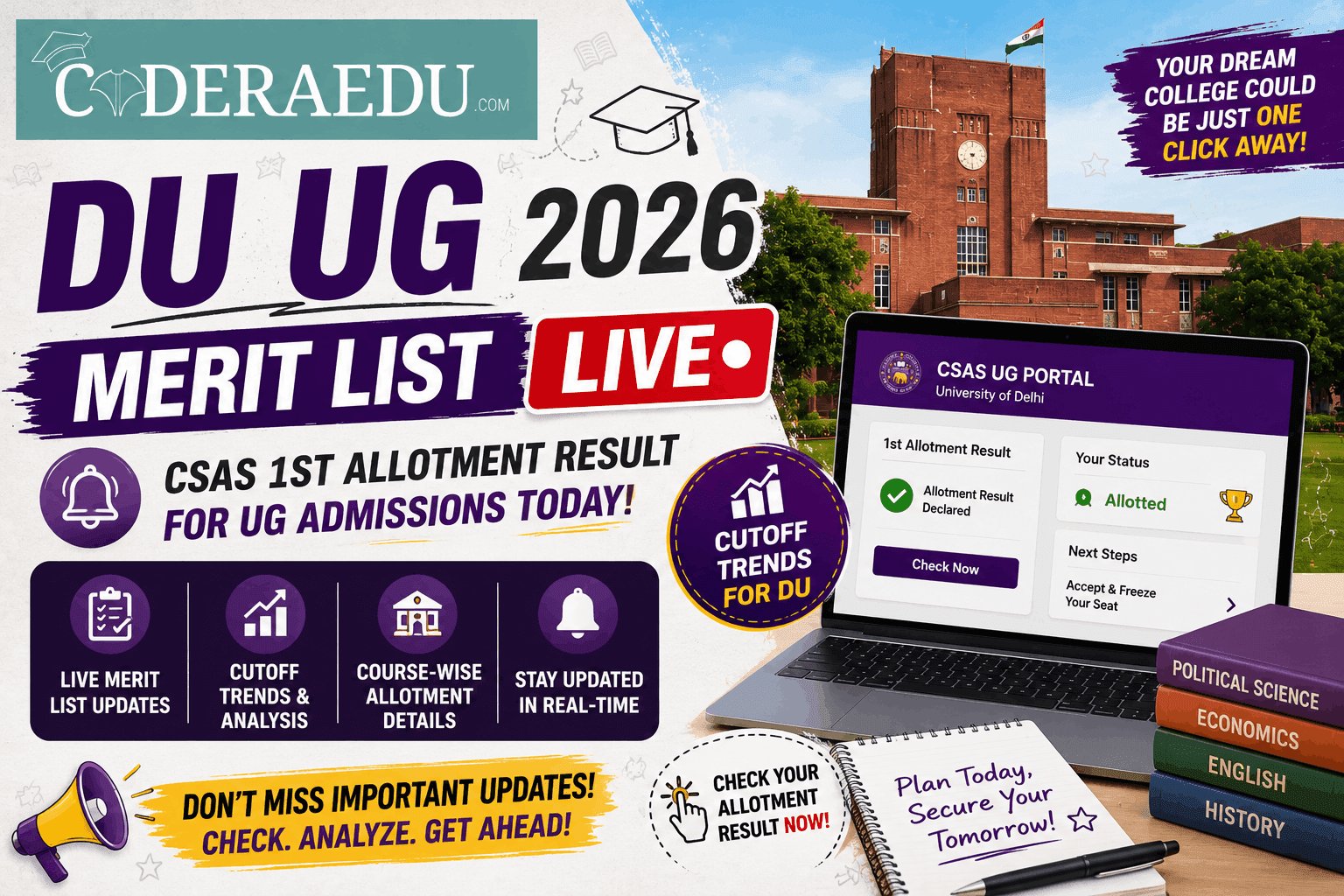 DU UG 2026 Merit List LIVE: CSAS 1st Allotment Result for UG Admissions Today; Cutoff Trends for DU