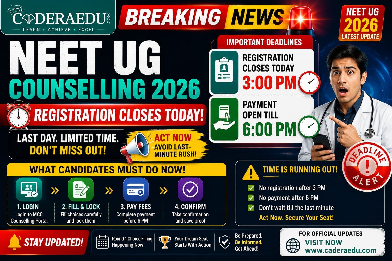 NEET UG Counselling 2026: Registration Closes Today at 3 PM, Payment Till 6 PM, What Candidates Must Do Now