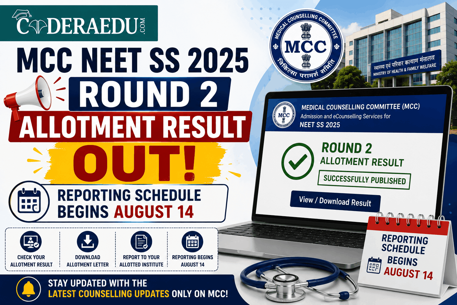 MCC NEET SS 2025 Round 2 Allotment Result OUT: Reporting Schedule Begins August 14